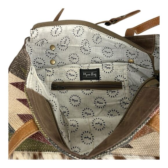 Myra Canvas & Cowhide Leather Tote Southwest Aztec Double Shoulder Strap Western - Picture 15 of 16